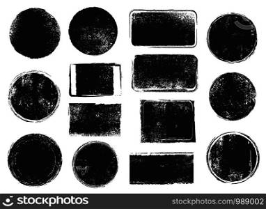 Grunge post stamps. Round and rectangular badges with distressed texture. Scratched blank rubber seal stamp vector isolated square shapes set. Grunge post stamps. Round and rectangular badges with distressed texture. Scratched blank rubber seal stamp vector isolated set