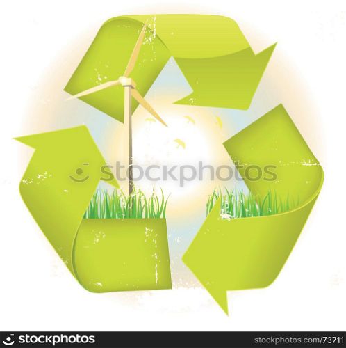 Grunge Recyclable Symbol. Illustration of the recyclable eco symbol with strong symbolic elements like windmills, birds, trees and grass