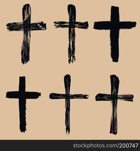 Grunge religious, baptism, christian crosses, crucifix symbols vector graphic paint set. Crucifix christian conceptual symbol illustration. Grunge religious, baptism, christian crosses, crucifix symbols vector