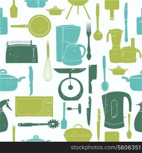 Grunge Retro vector illustration seamless pattern of kitchen tools for cooking
