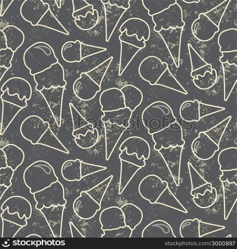Grunge seamless vector pattern with ice cream cons on grey background