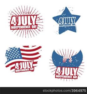 Grunge sign for Independence Day in America. Star and paint splatter. Eagle with wings. Statue of Liberty and paint strokes. Set of posters for public holiday in United States. Patriot logo to celebrate 4th July