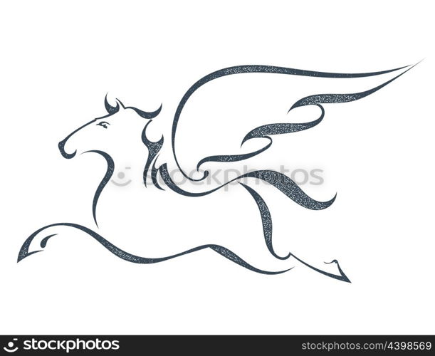 Grunge sketch of a flying pegasus, isolated on white background. Stock vector illustration.