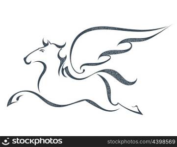 Grunge sketch of a flying pegasus, isolated on white background. Stock vector illustration.