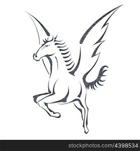 Grunge sketch of a flying pegasus, isolated on white background. Unicorn. Stock vector illustration.