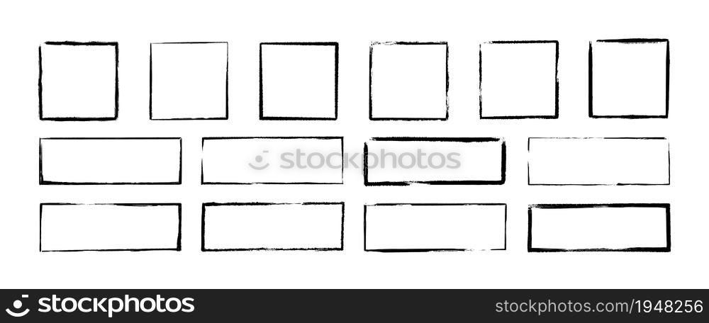 Grunge square and rectangle frames. Ink empty black boxes set. Rectangle borders collections. Rubber square stamp imprint. Vector illustration isolated on white background.. Grunge square and rectangle frames. Ink empty black boxes set. Rectangle borders collections. Rubber square stamp imprint. Vector illustration isolated on white background