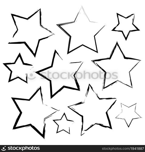 Grunge stars frame icon set. Silhouette elements. Stamp decor. Ink brush picture. Vector illustration. Stock image. EPS 10.. Grunge stars frame icon set. Silhouette elements. Stamp decor. Ink brush picture. Vector illustration. Stock image.