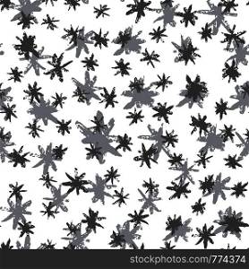 Grunge stars seamless pattern. Black and silver ink stains star wallpaper on white background. Hand drawn paint brush seamless pattern.