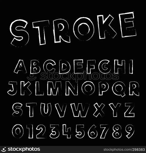 Grunge stroke font template. Letters and numbers of distressed design. Vector illustration.. Grunge stroke font template. Letters and numbers of distressed design