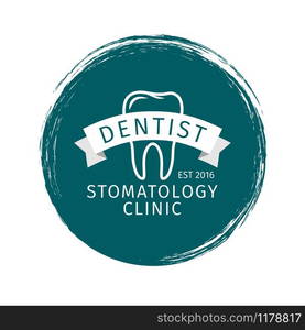 Grunge style dental clinic round label template, vector illustration. Grunge style dental clinic label