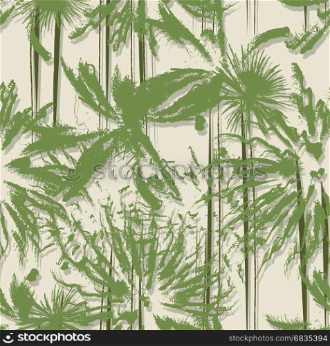 Grunge style seamless pattern with palm trees forest