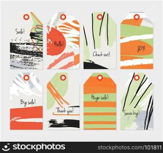 Grunge texture rough strokes floral sketch orange green tag set.Creative universal gift tags.Hand drawn textures.Ethic tribal design.Ready to print sale labels Isolated on layer.
