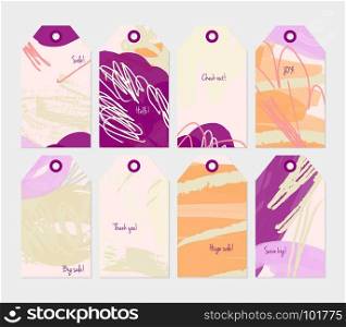 Grunge texture rough strokes floral sketch orange purple cream tag set.Creative universal gift tags.Hand drawn textures.Ethic tribal design.Ready to print sale labels Isolated on layer.