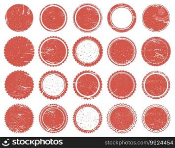Grunge texture st&. Rubber red circle st&s, distressed texture red vintage marks. Sale round st&s vector illustration set. Post round badge with scratches isolated collection. Grunge texture st&. Rubber red circle st&s, distressed texture red vintage marks. Sale round st&s vector illustration set
