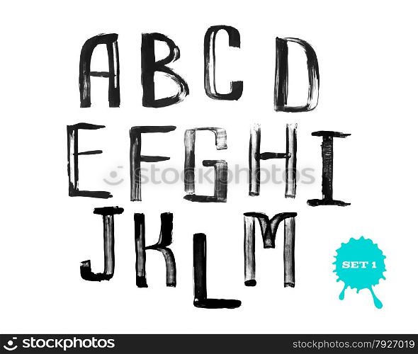 Grunge uneven handwritten alphabet, vintage calligraphy, stamp style, capital letters, set 1
