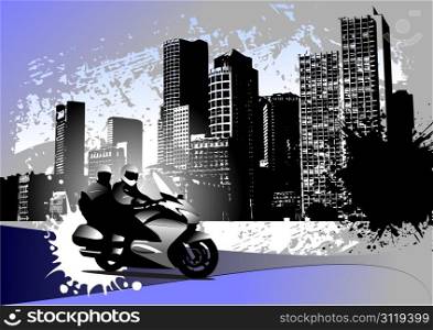 Grunge urban background with two bikers image. Vector illustration