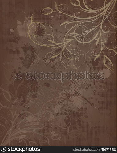 Grunge Vector Floral Brown And Golden Background With Ornate Design