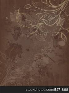 Grunge Vector Floral Brown And Golden Background With Ornate Design