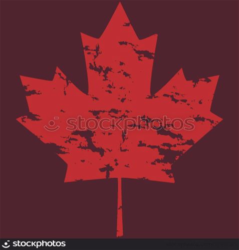 Grunge version of a Canadian maple leaf, over a dark red background