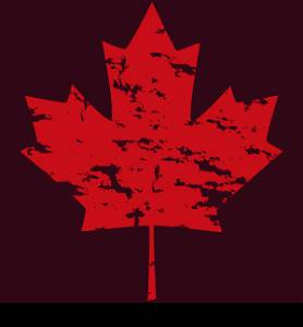 Grunge version of a Canadian maple leaf, over a dark red background