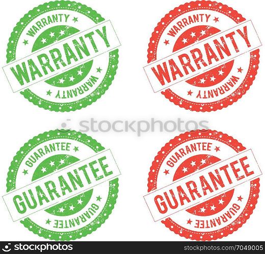 Grunge Warranty Seal Stamp. Illustration of a set of green and red warranty and guarantee seals, with grunge texture