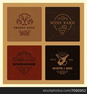 Grunge wine logos of set. Vintage hipster wine vector emblems illustration. Grunge wine logos. Vintage hipster wine vector emblems