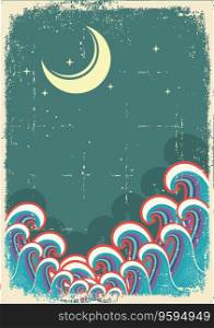 Grunge with moon and sea waves vector image
