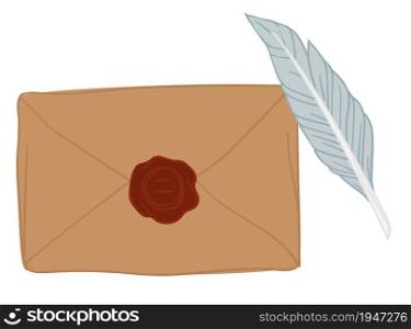 Grungy envelope with red wax seal and stamp, feather used to write. Postage and mailing, correspondence and documents passed via post express. Communication in past years, vector in flat style. Vintage letter with wax seal and feather pencil
