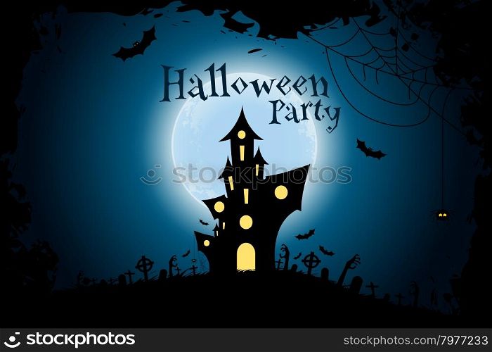 Grungy Halloween Party Background with Haunted House, Bats, Moon and Spider