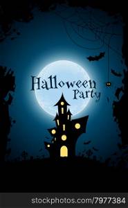 Grungy Halloween Party Background with Haunted House, Bats, Moon and Spider