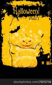 Grungy Halloween Party Card with Pumpkin, Bats and Haunted House