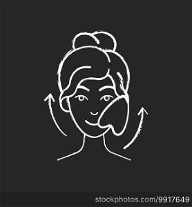Gua sha stone chalk white icon on black background. Removing puffiness under eyes. Angled stone. Scraping skin on face. Promoting blood flow. Chinese tool. Isolated vector chalkboard illustration. Gua sha stone chalk white icon on black background