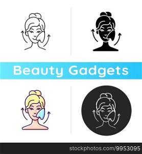 Gua sha stone icon. Removing puffiness under eyes. Angled stone. Scraping skin on face. Promoting blood flow. Chinese tool. Linear black and RGB color styles. Isolated vector illustrations. Gua sha stone icon