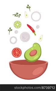 Guacamole mexican spicy sauce recipe ingredients fall in bowl. Perfect for tee, poster, menu and print. Isolated vector illustration for decor and design. 