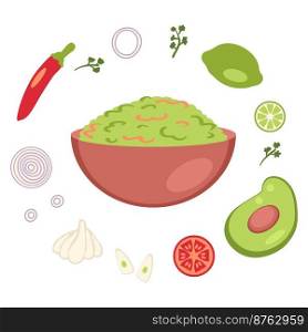 Guacamole mexican spicy sauce recipe ingredients. Perfect for tee, stickers, menu and print. Isolated vector illustration for decor and design. 