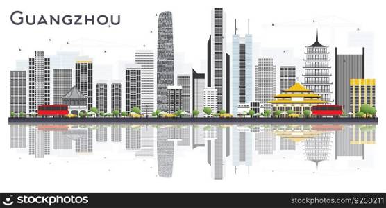 Guangzhou China City Skyline with Gray Buildings and Reflections Isolated on White Background. Vector Illustration. Tourism Concept with Modern Buildings. Guangzhou Cityscape with Landmarks.