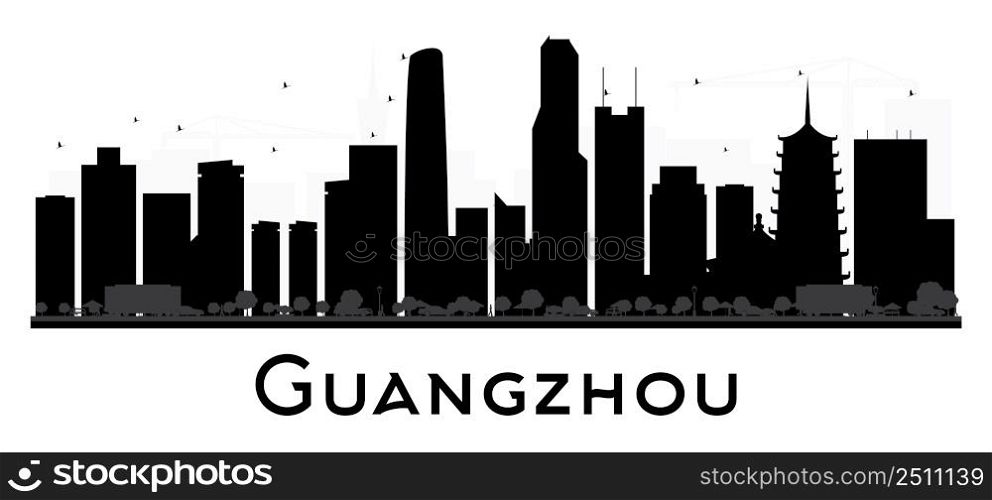 Guangzhou City skyline black and white silhouette. Vector illustration. Simple flat concept for tourism presentation, banner, placard or web site. Business travel concept. Cityscape with landmarks