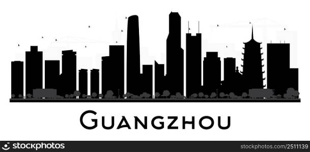 Guangzhou City skyline black and white silhouette. Vector illustration. Simple flat concept for tourism presentation, banner, placard or web site. Business travel concept. Cityscape with landmarks