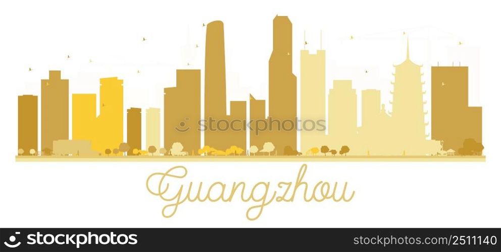 Guangzhou City skyline golden silhouette. Vector illustration. Simple flat concept for tourism presentation, banner, placard or web site. Business travel concept. Cityscape with landmarks