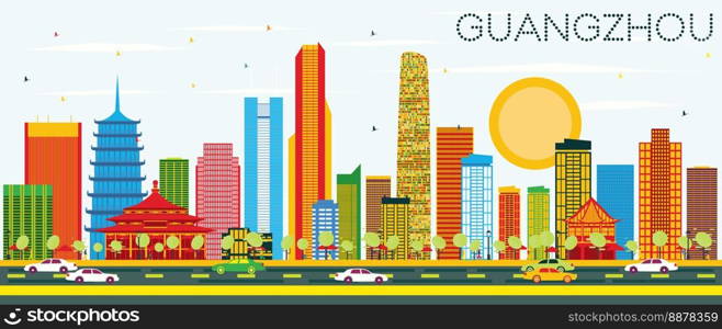 Guangzhou Skyline with Color Buildings and Blue Sky. Vector Illustration. Business Travel and Tourism Concept with Modern Architecture. Image for Presentation Banner Placard and Web Site.