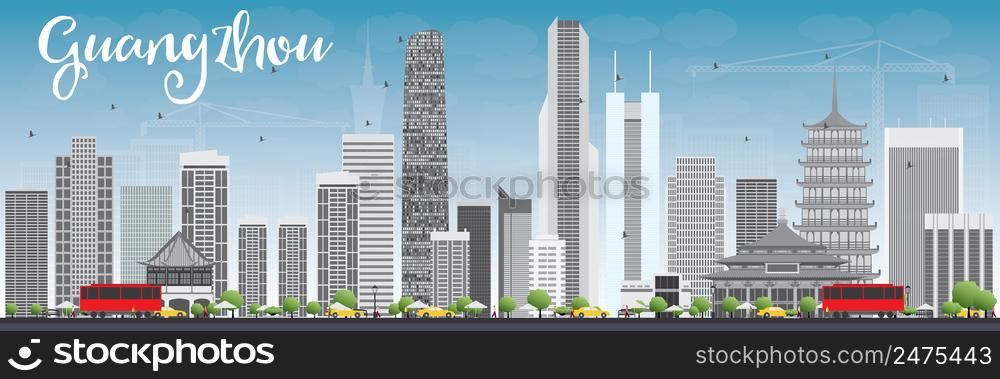 Guangzhou Skyline with Gray Buildings and Blue Sky. Vector Illustration. Business Travel and Tourism Concept with Modern Buildings. Image for Presentation Banner Placard and Web Site.