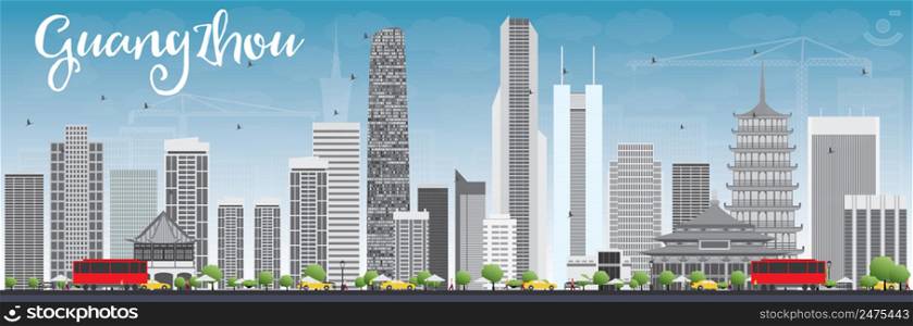 Guangzhou Skyline with Gray Buildings and Blue Sky. Vector Illustration. Business Travel and Tourism Concept with Modern Buildings. Image for Presentation Banner Placard and Web Site.