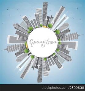 Guangzhou Skyline with Gray Buildings and Copy Space. Vector Illustration. Business Travel and Tourism Concept with Modern Buildings. Image for Presentation Banner Placard and Web Site.