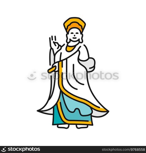 Guanyin, Guan or Kuan Yin goddess statue in China isolated color outline icon. Vector China symbol of travel and tourism, Chinese statue of Tin Hau Temple. Kuan Yin goddess statue in Hong Kong outline icon
