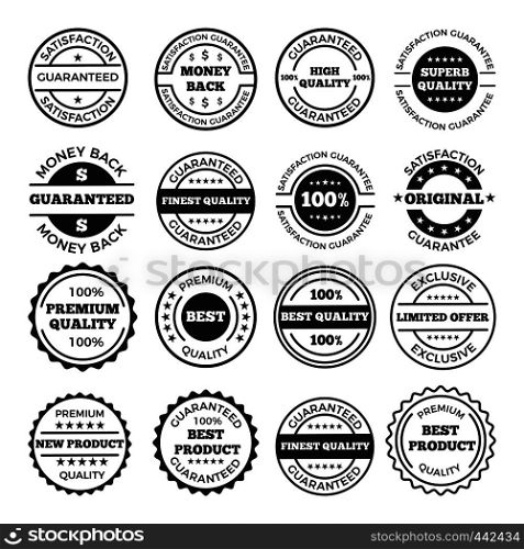 Guarantee badges and logos design set. Vector monochrome pictures with place for your text. Label and badge guarantee satisfaction illustration. Guarantee badges and logos design set. Vector monochrome pictures with place for your text