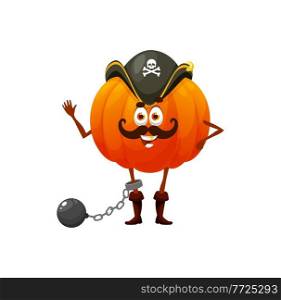 Guard pumpkin veggie pirate or buccaneer isolated funny cartoon characters. Vector playful corsair in hat, prisoner with dumbbell, kids children emoji vegetable with mustaches waving hand. Pirate emoticon pumpkin guard cartoon character