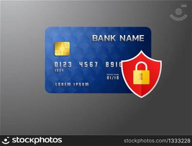 Guarded credit card protected by encryption padlock. Secure payment.