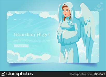 Guardian angel banner with saint archangel with wings in heaven. Vector landing page of holy protection with cartoon illustration of woman angel character on background of sky with clouds. Guardian angel, saint archangel with wings