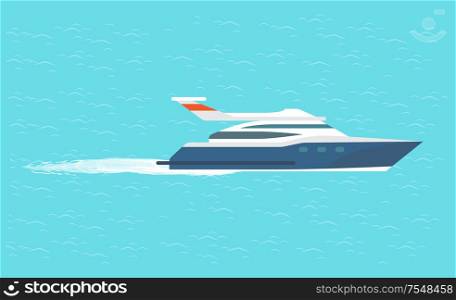 Guarding transport boat in deep ocean, rescue emergency sailboat. Coast guard transportation vehicle sailing in blue water vector illustration isolated. Guarding Transport Boat in Ocean, Rescue Emergency