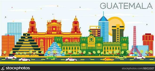 Guatemala Skyline with Color Buildings and Blue Sky. Vector Illustration. Business Travel and Tourism Concept with Modern Architecture. Guatemala Cityscape with Landmarks.